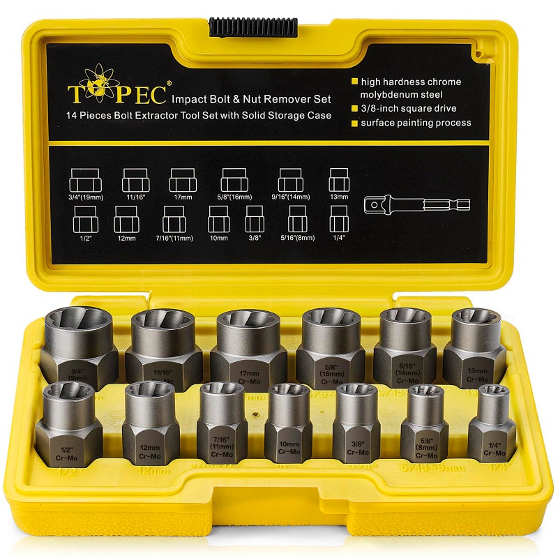 Topec 13+1 Piece Impact Bolt & Nut Remover Set - 3/8"" Drive with Nut Extractor Socket  Hex Adapter  and Bolt Remover Tool for Damaged  Rusted  or Rounded-Off Bolts  Nuts  and Screws - Image 1